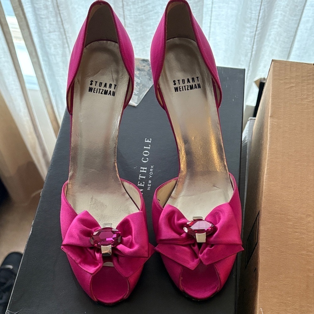 Stuart Weitzman Embellished Pink Peep-toe Pumps